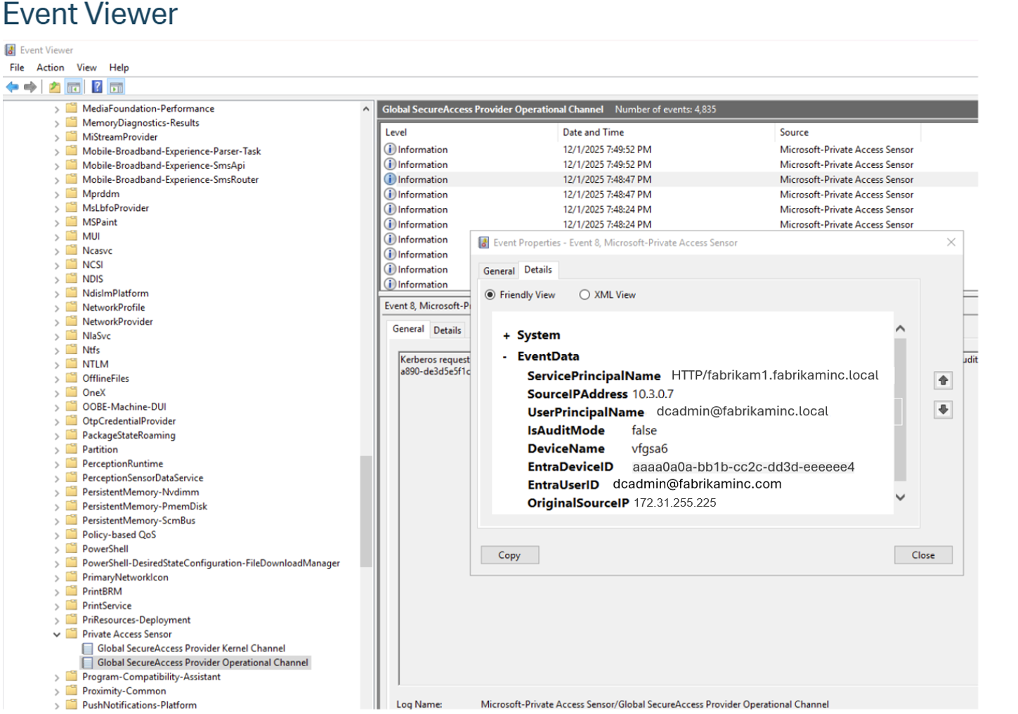 Screenshot that shows Event Viewer page.