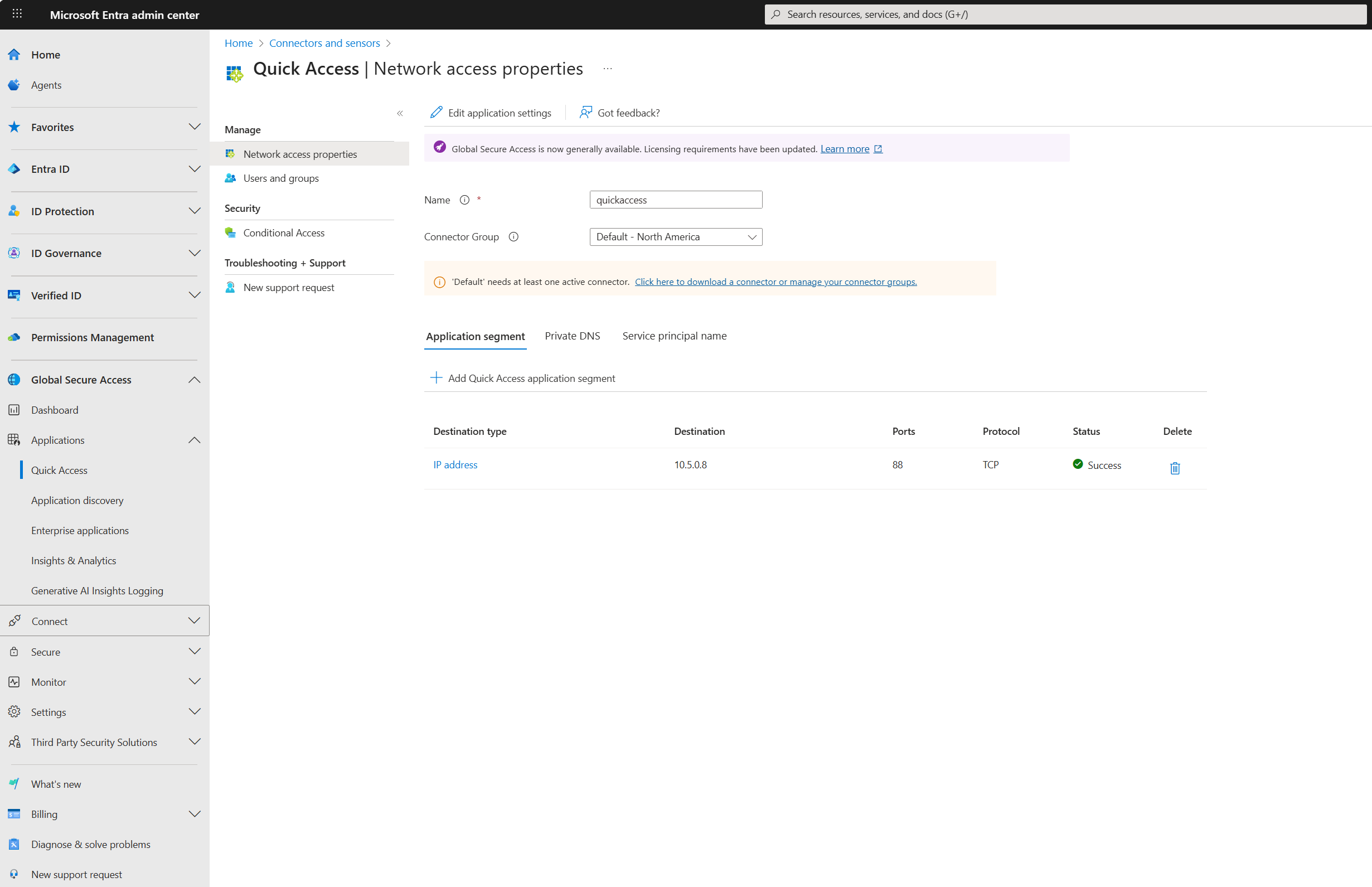 Diagram showing Quick Access settings when configuring Microsoft Entra Private Access integration with Active Directory Domain Controllers.