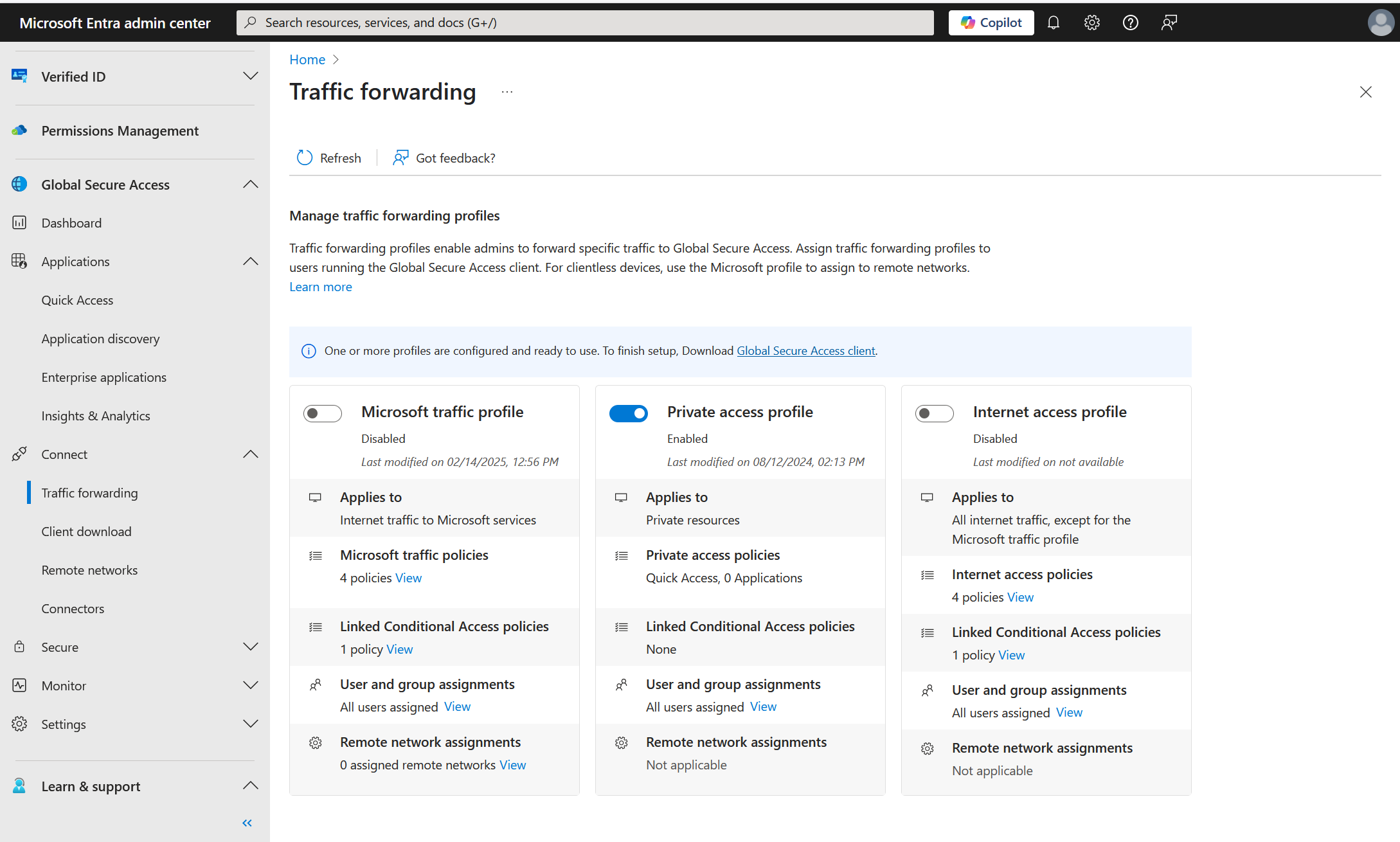 Screenshot that shows the Private Access traffic forwarding profile activated in the Microsoft Entra admin center.
