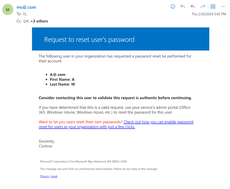 Screenshot that shows a sample request to reset email sent to an administrator.
