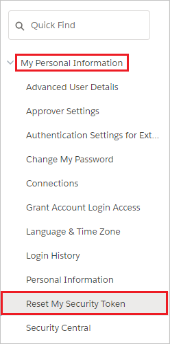 Enable automatic user provisioning Screenshot shows Reset My Security Token selected from My Personal Information.