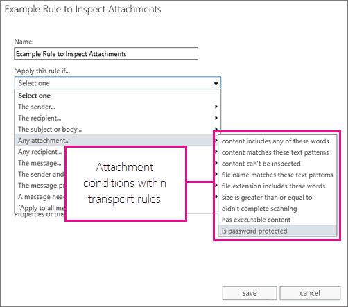 Dialog box to select attachment-related rules Dialog box to select attachment-related rules.