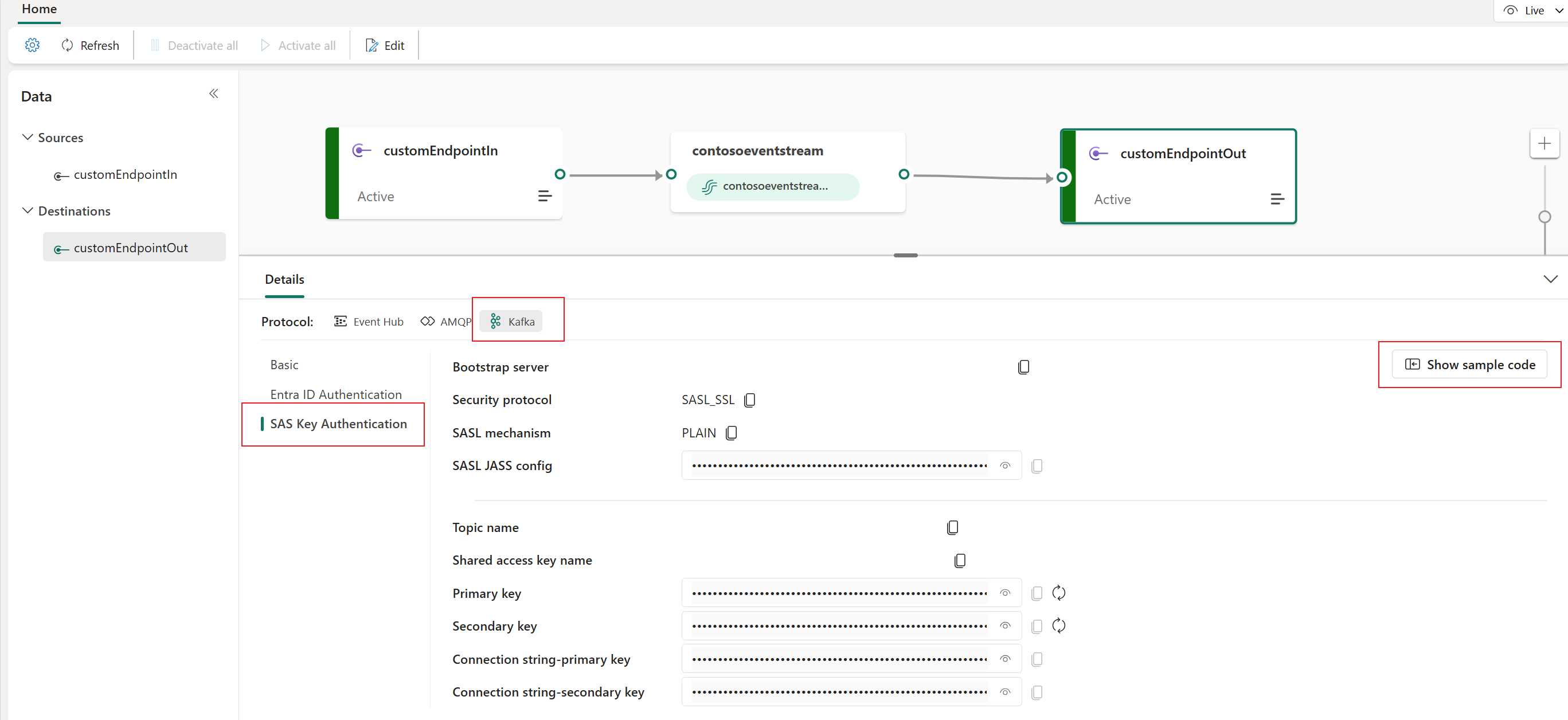 Screenshot that shows Kafka sample code on the Details pane of the eventstream live view.