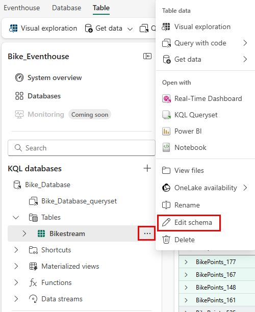 Screenshot of the table more menu with Edit schema highlighted.