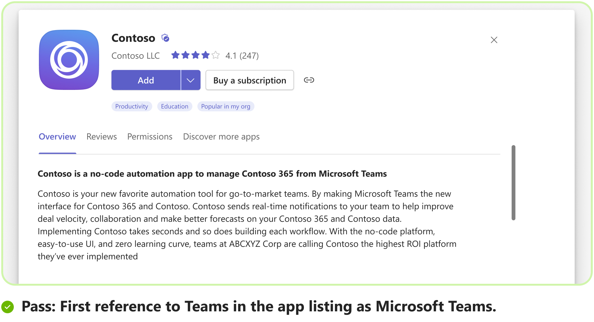Graphic shows an example of correct reference to Teams in app description.
