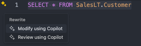 Screenshot showing the smart action icon for modifying SQL queries using GitHub Copilot in Visual Studio Code.