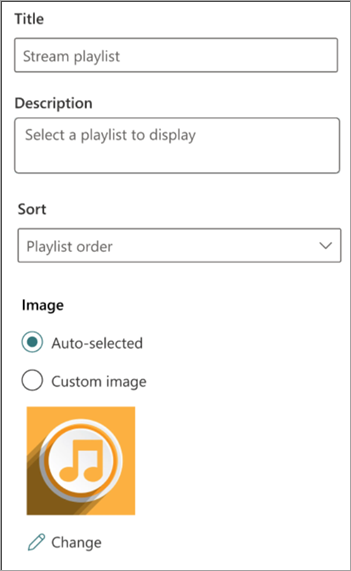 Screenshot of the Stream playlist properties pane showing playlist customization options.