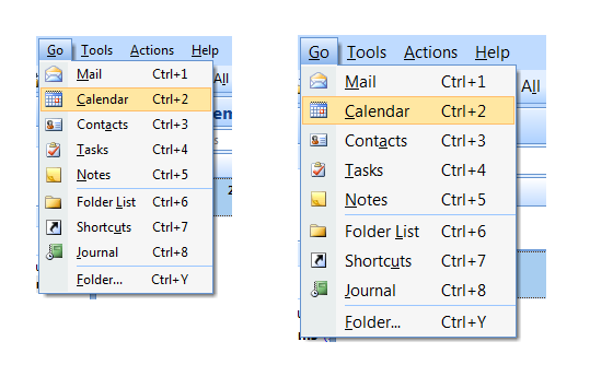 screen shot of menus with normal and large sizing