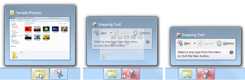 screen shot of three taskbar window previews