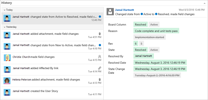 Screenshot that shows the History tab details in the work item form.