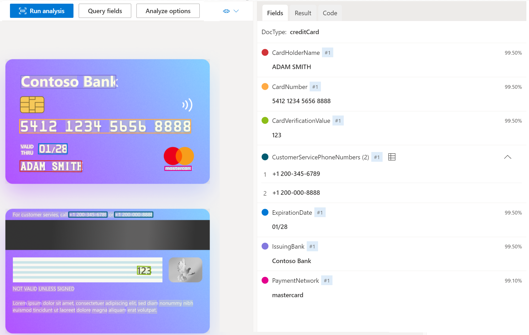 Screenshot that shows Credit card image model analysis by using Document Intelligence Studio.