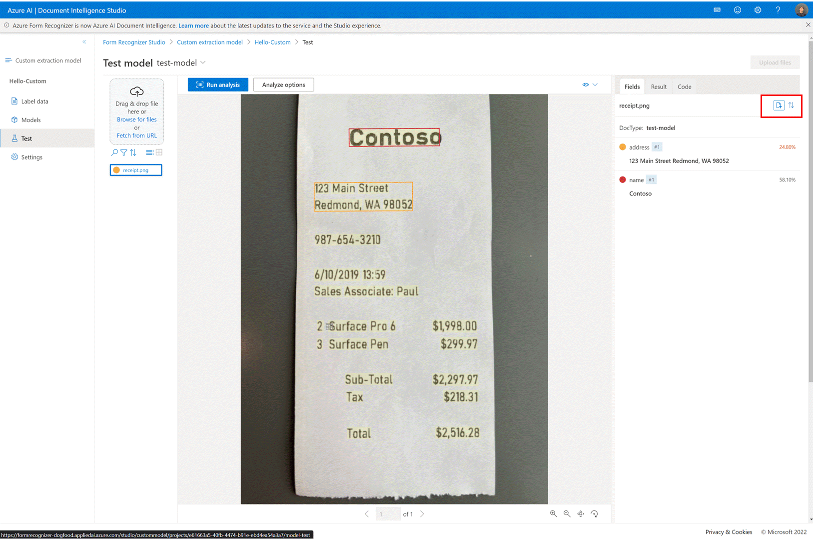 Animated screenshot that shows how to add test files to a training dataset.