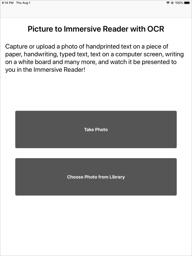 Screenshot of the sample app with text to be read.