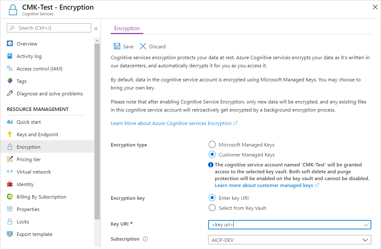 Screenshot of the Encryption page for an Azure OpenAI resource. The Enter key URI option is selected, and the Key URI box contains a value.