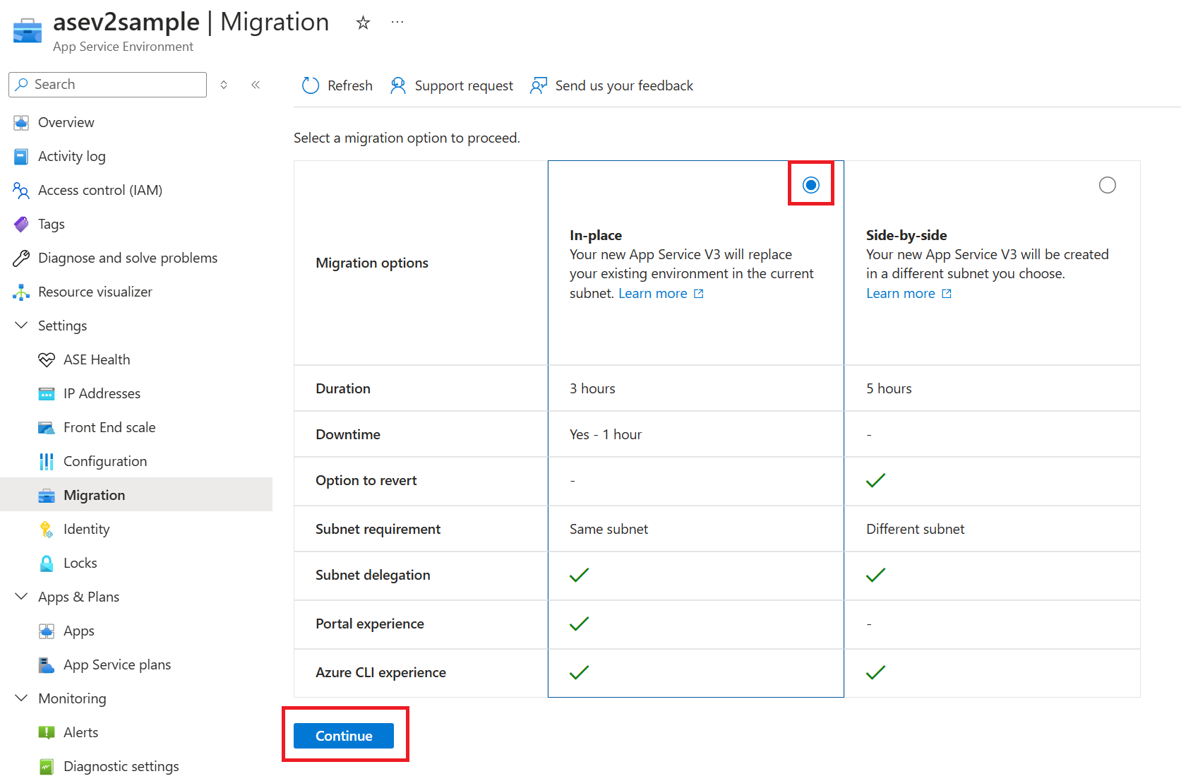Screenshot that shows the table with the migration options.