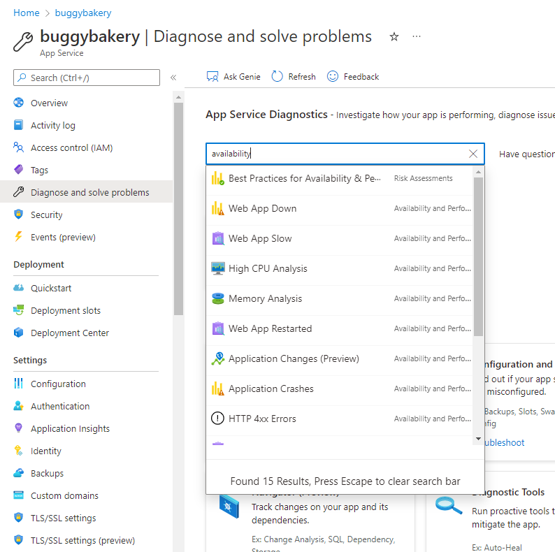 App Service Diagnose and solve problems Genie search box with a search for availability app issues and a dropdown of diagnostics that match the availability search term, such as Best Practices for Availability and Performance, Web App Down, Web App Slow, High CPU Analysis, Web App Restarted.