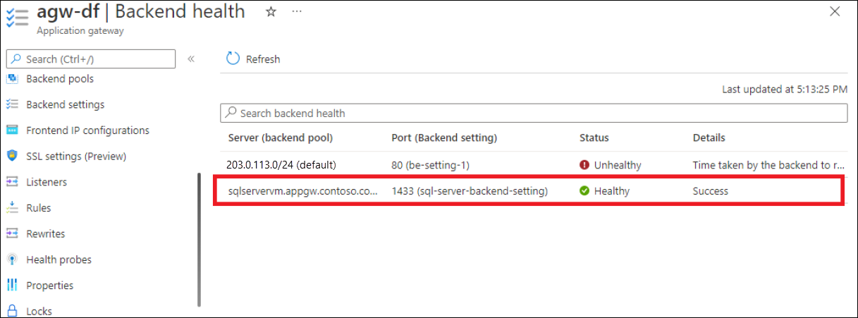 Screenshot of backend health