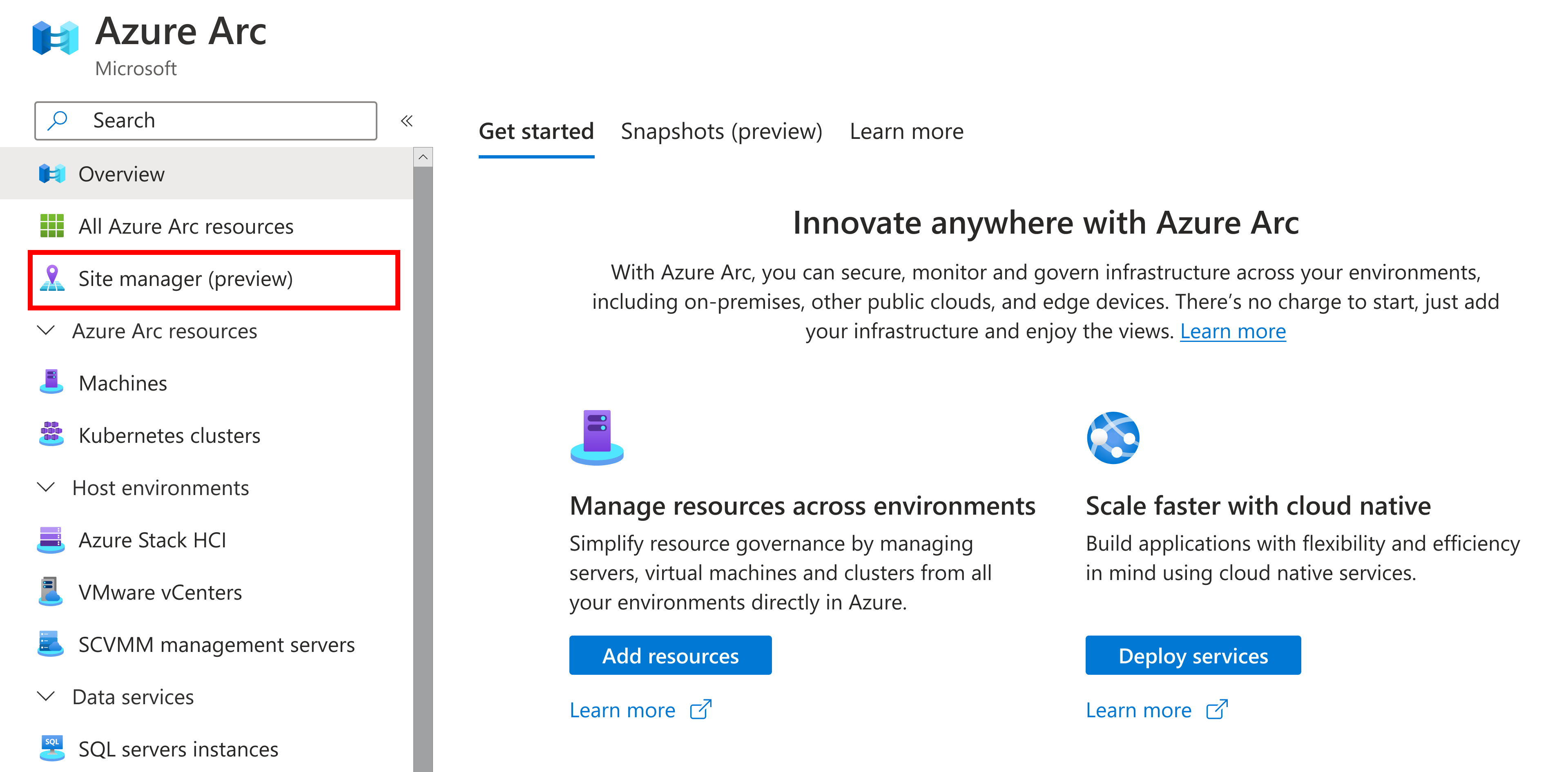 Screenshot that shows selecting Site manager from the Azure Arc overview.