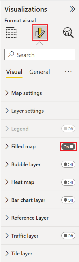 A screenshot showing the filled maps option in the visualizations pane in the Format your visual view.