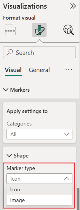 A screenshot of the Power BI Format visual pane showing the Markers section expanded with a Shape subsection displaying a Marker type dropdown menu with two options: Icon (currently selected) and Image.