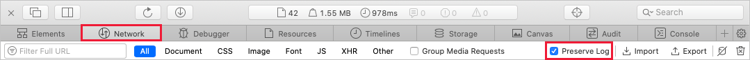 Screenshot that shows the Preserve Log option on the Network tab.