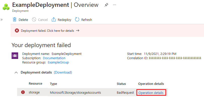 Screenshot of failed deployment that highlights link for operation details.