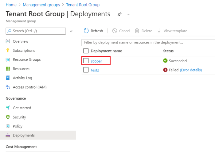 Screenshot of deployment history for management group.