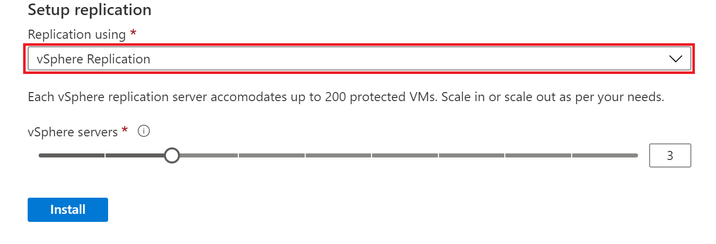 Screenshot showing the vSphere Replication selected for the Replication using option.