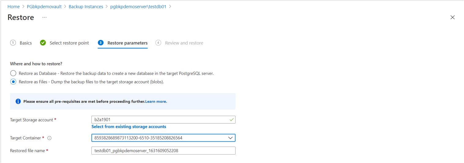 Screenshot that shows the selected option to restore as files.