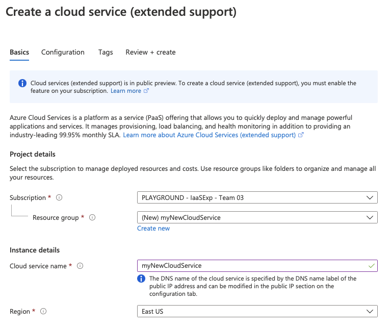 Image shows the Cloud Services (extended support) Basics tab.