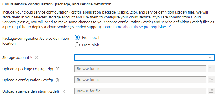 Screenshot that shows the section of the Basics tab where you upload files and select storage.