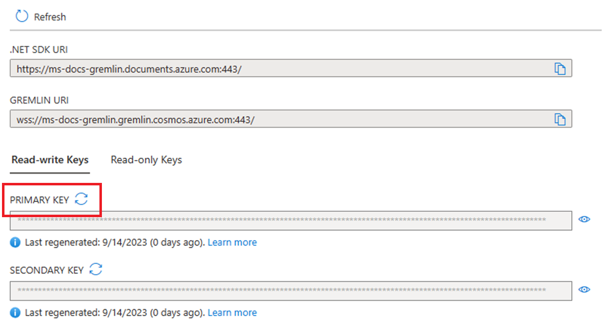 Screenshot showing how to regenerate the primary key in the Azure portal when used with the Gremlin API.