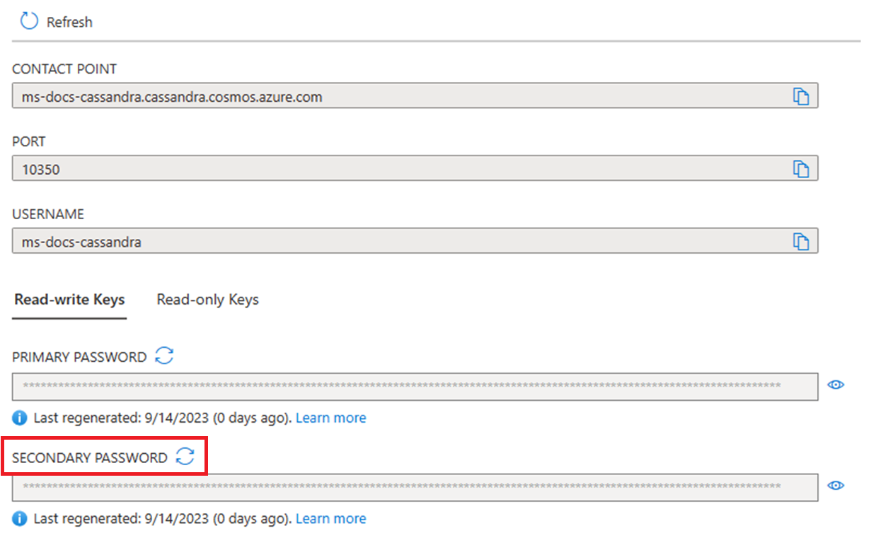 Screenshot showing how to regenerate the secondary key in the Azure portal when used with Cassandra.