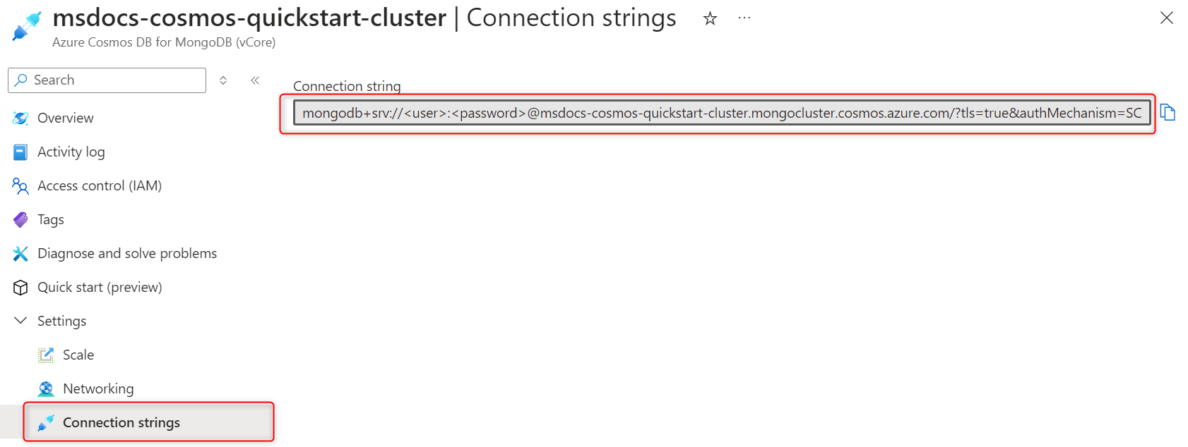 Screenshot of the connection strings option on the page for a cluster.