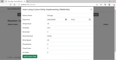 A screenshot of the application showing the dialog box used to insert data using an object with custom fields.