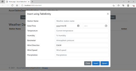 A screenshot of the application showing the dialog box used to insert data using a TableEntity object.