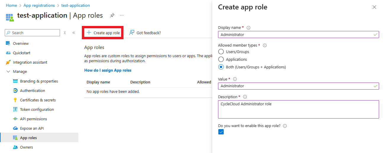 Screenshot of the App roles configuration window.