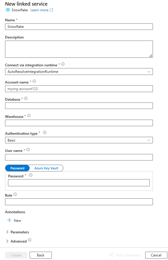 Screenshot of linked service configuration for Snowflake.