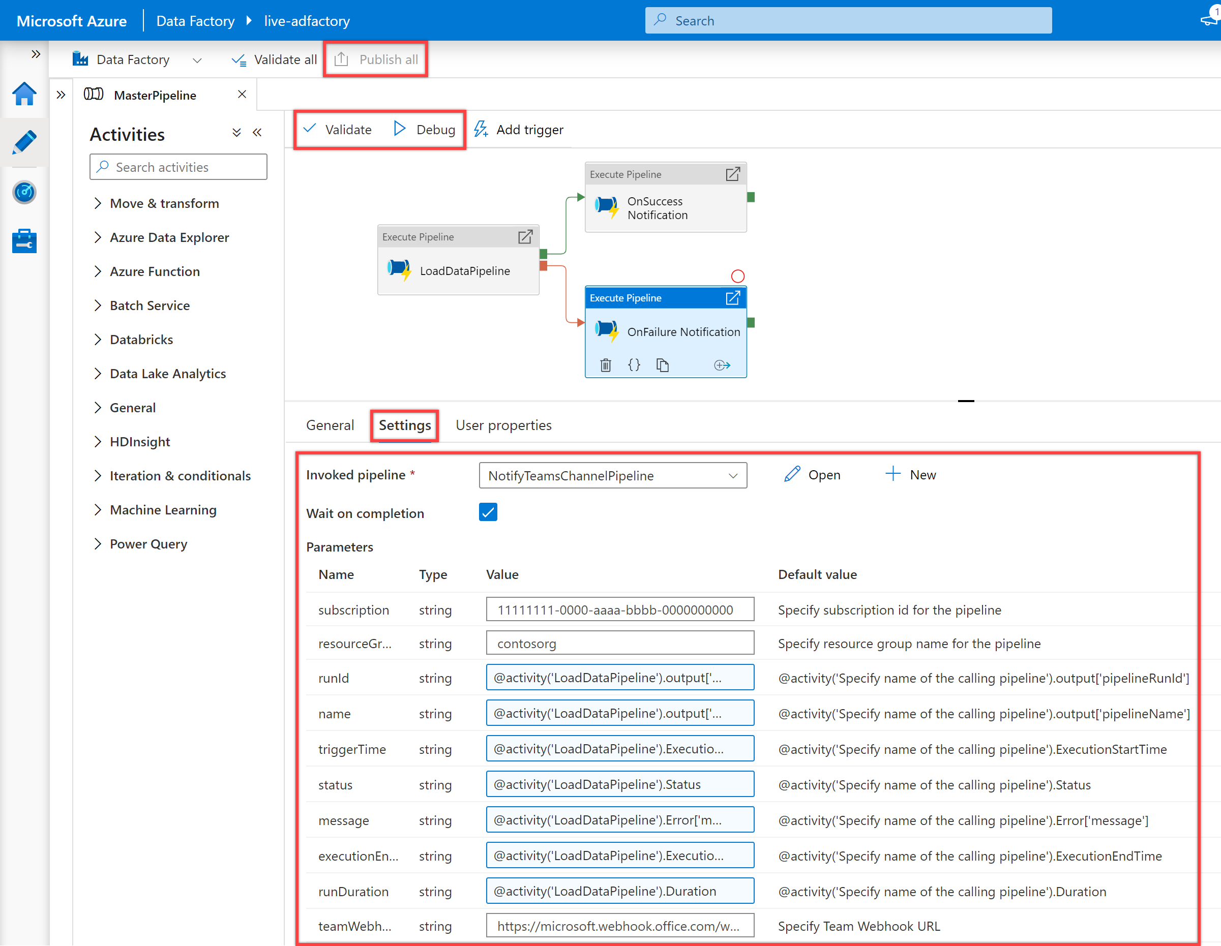 Shows the third &quot;Execute pipeline&quot; activity &quot;OnFailure Notification&quot; settings pane for &quot;NotifiyTeamsChannelPipeline&quot; pipeline.