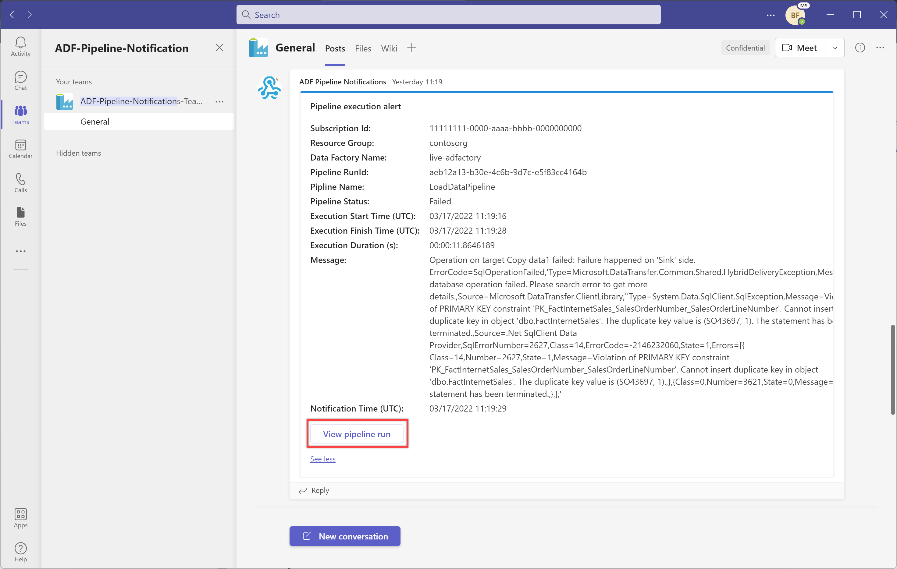 Shows on failure pipeline notifications in a Teams channel.