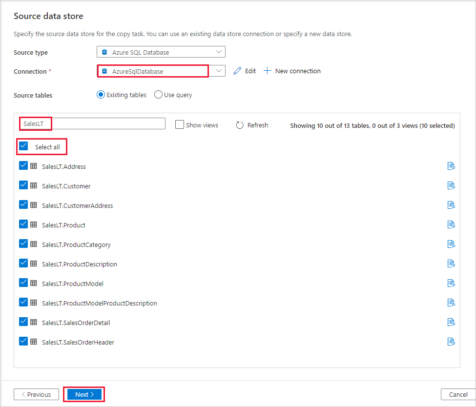 Screenshot showing the configuration of 'Source data store' page.