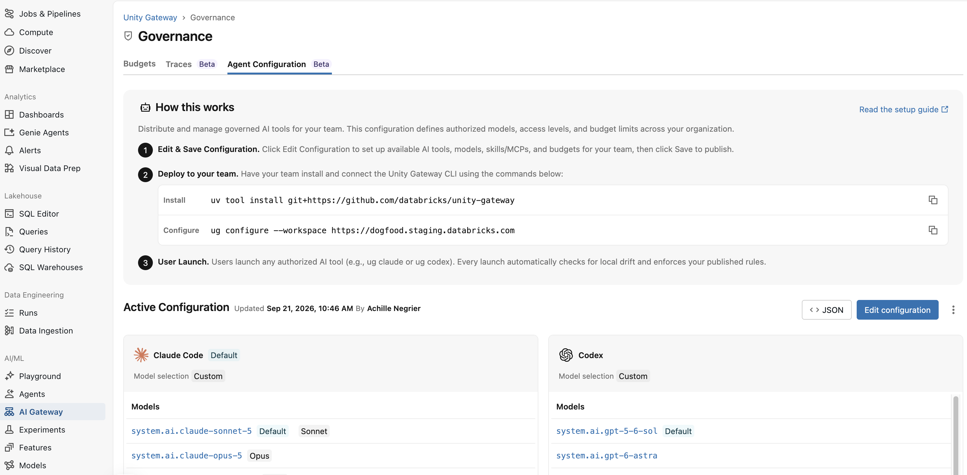 Agent configuration page showing the Edit configuration button