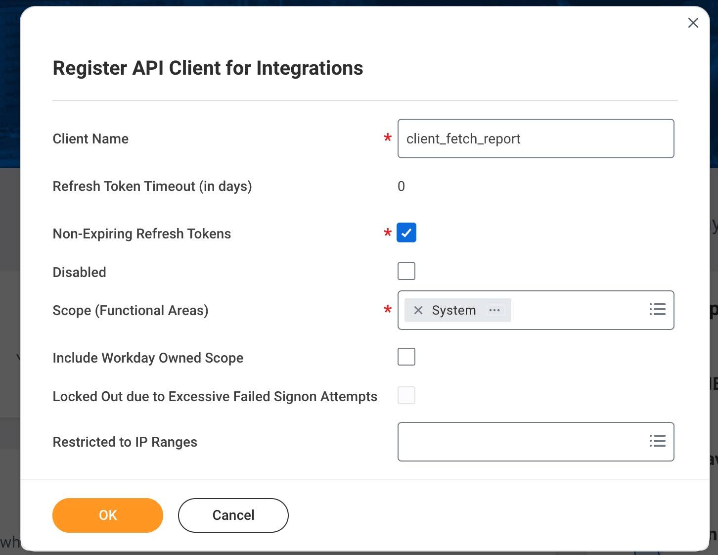 Workday Register API Client for Integrations dialog box