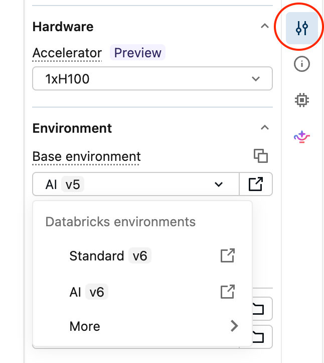The Environment side panel with the Base environment drop-down open, showing Standard and AI environment versions.