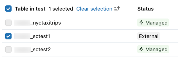 Table selection page showing a pre-selected external table and an unavailable managed table