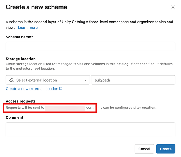 Access request destinations listed in new schema modal