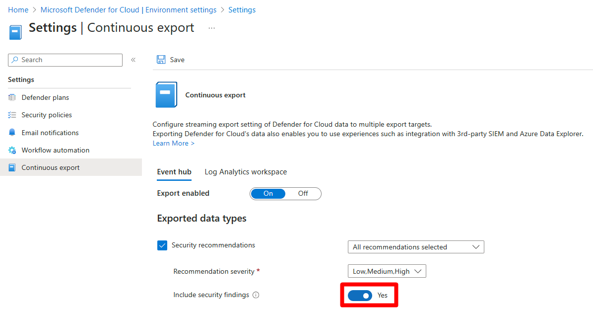 Include security findings toggle in continuous export configuration.