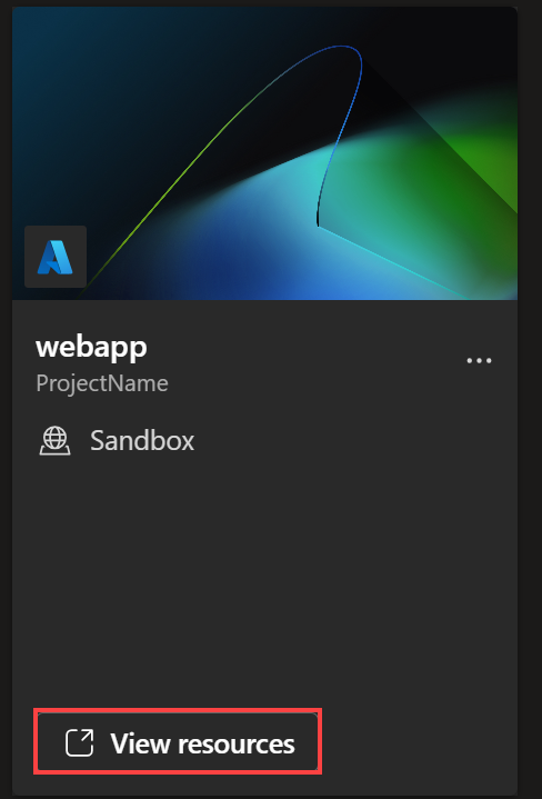 Screenshot showing an environment card. The View resources link is highlighted.