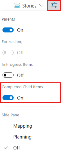 View options selector, Completed child items control