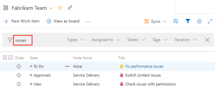 Screenshot of filtered backlog based on the keyword "issues".